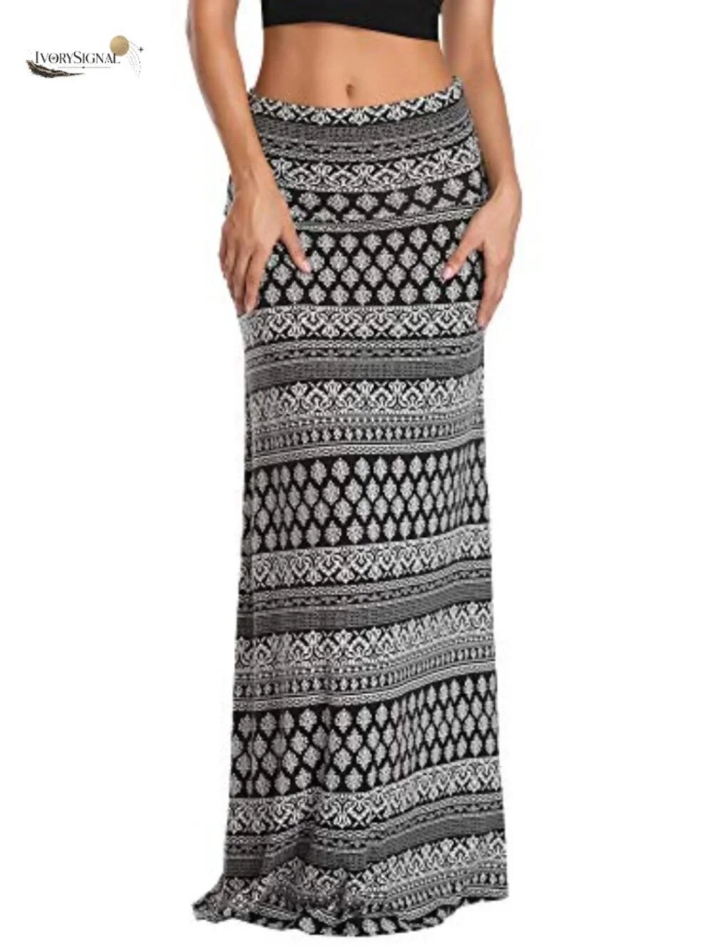 Spandex Maxi Skirt High Waist Flared Fold-Over Midi Long